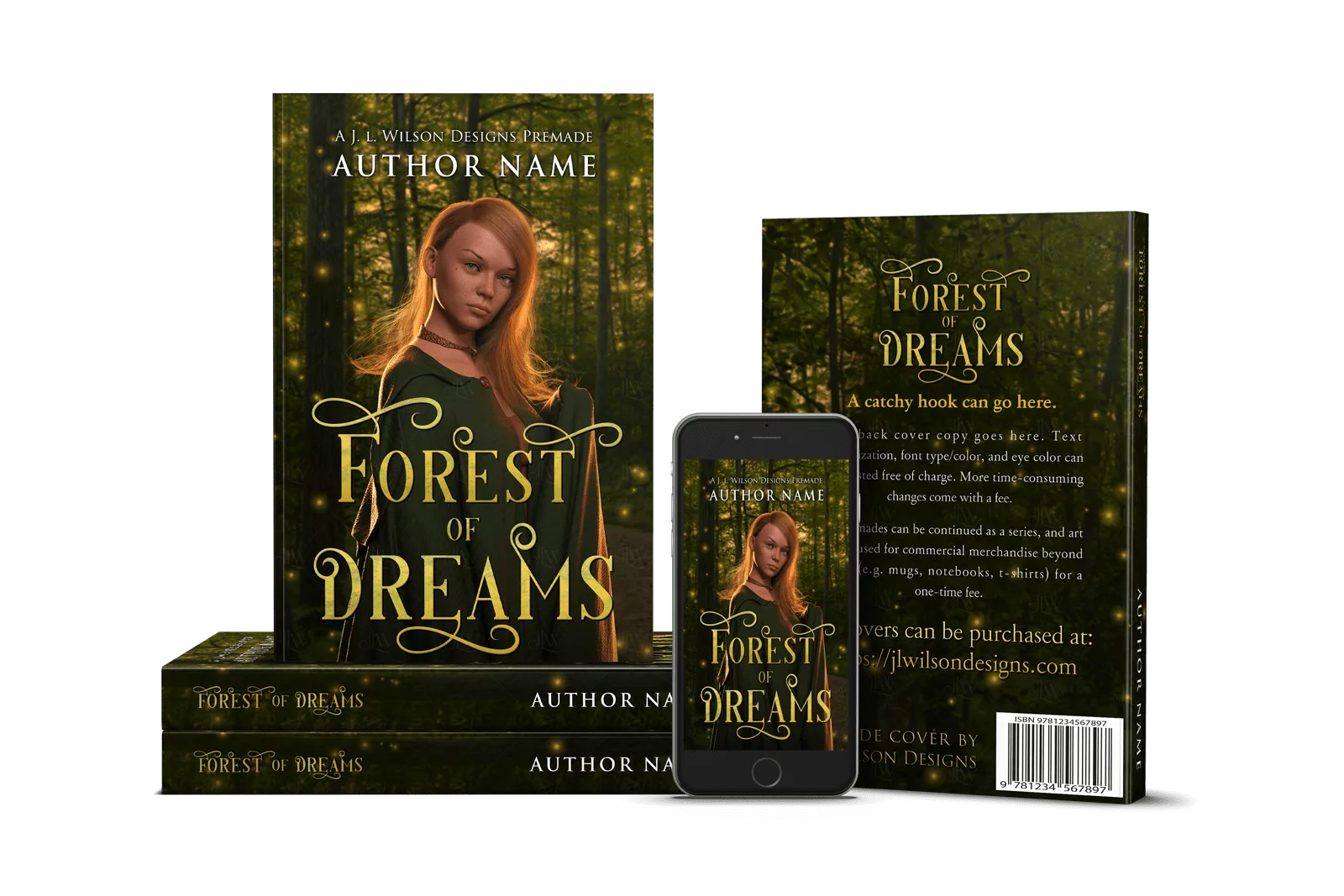 A fantasy book cover with a beautiful woman in a green cloak in a magical glowing forest