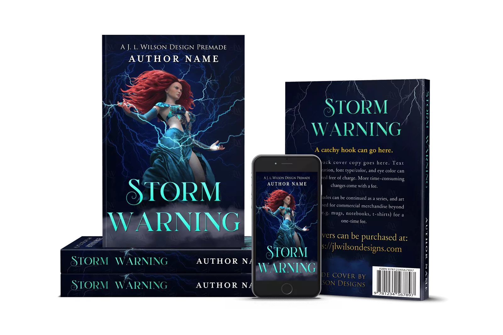 A fantasy book cover featuring a beautiful woman with long red hair in a flowing blue dress wielding lightning storm magic