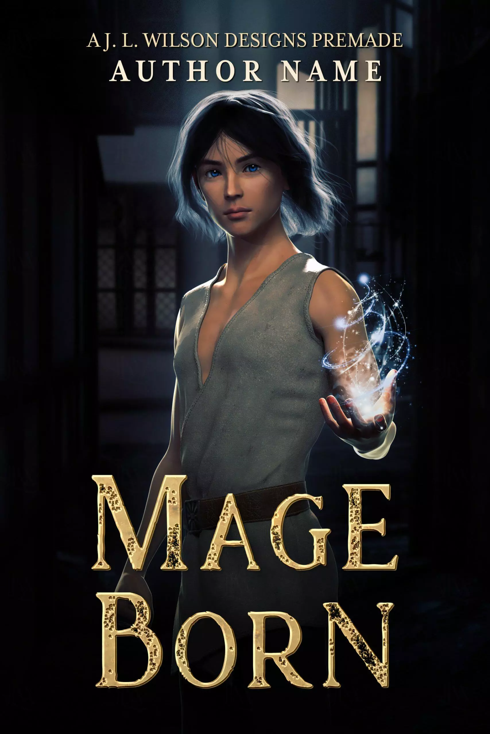 A YA fantasy book cover featuring a young male doing magic in a village
