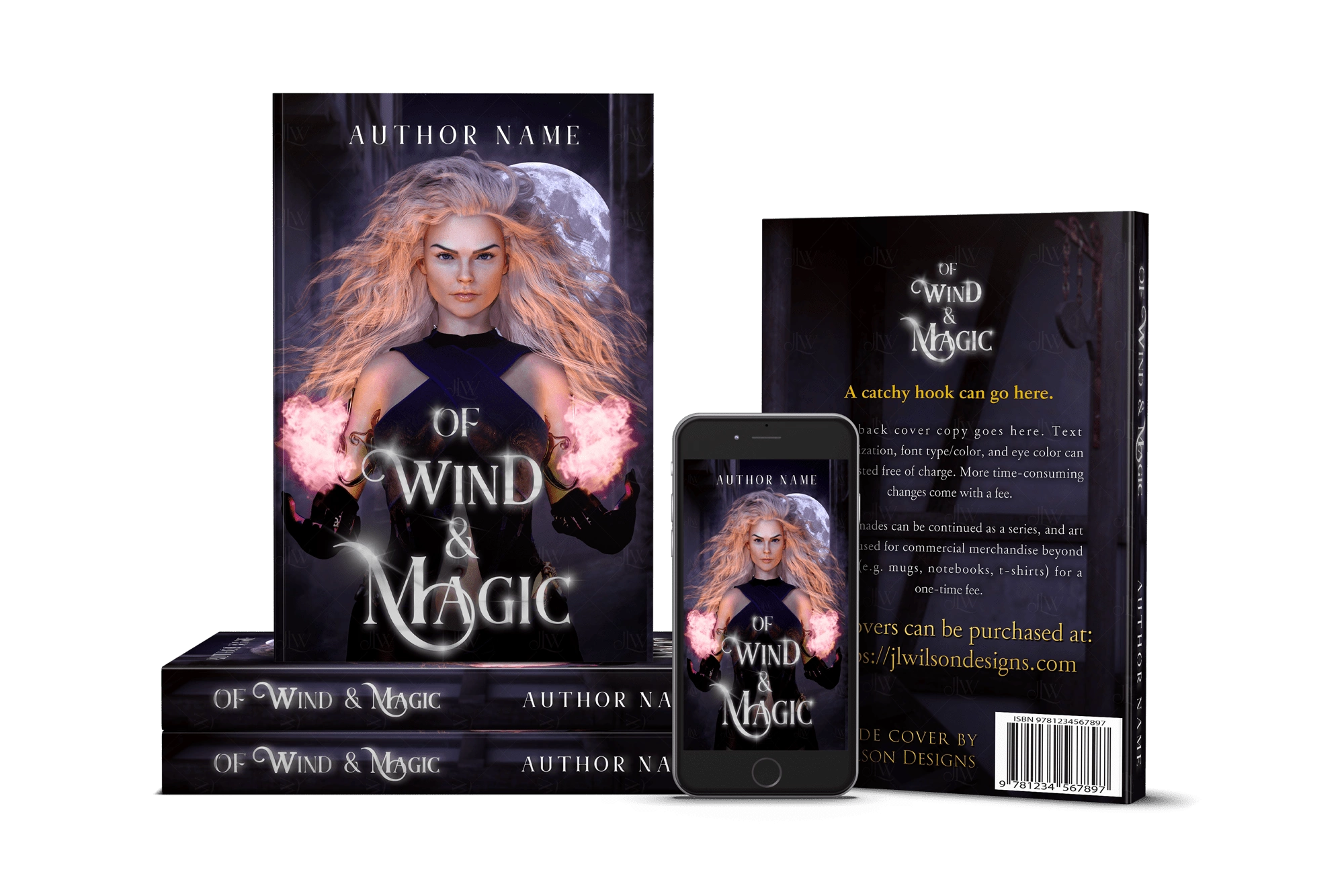 A fantasy book cover with a beautiful woman holding magic in a village