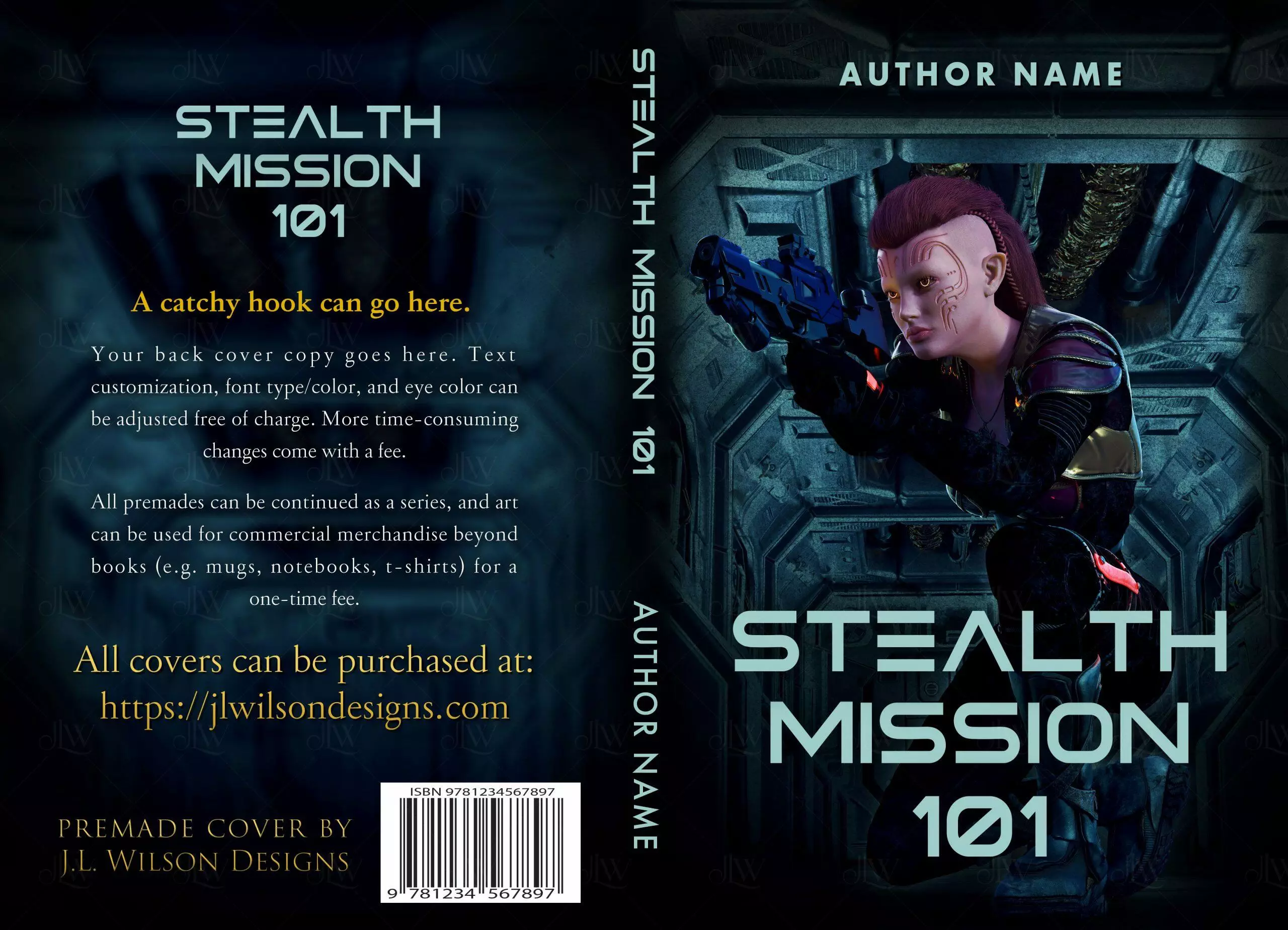 A science fiction book cover with a tough alien woman holding a gun on a futuristic spaceship