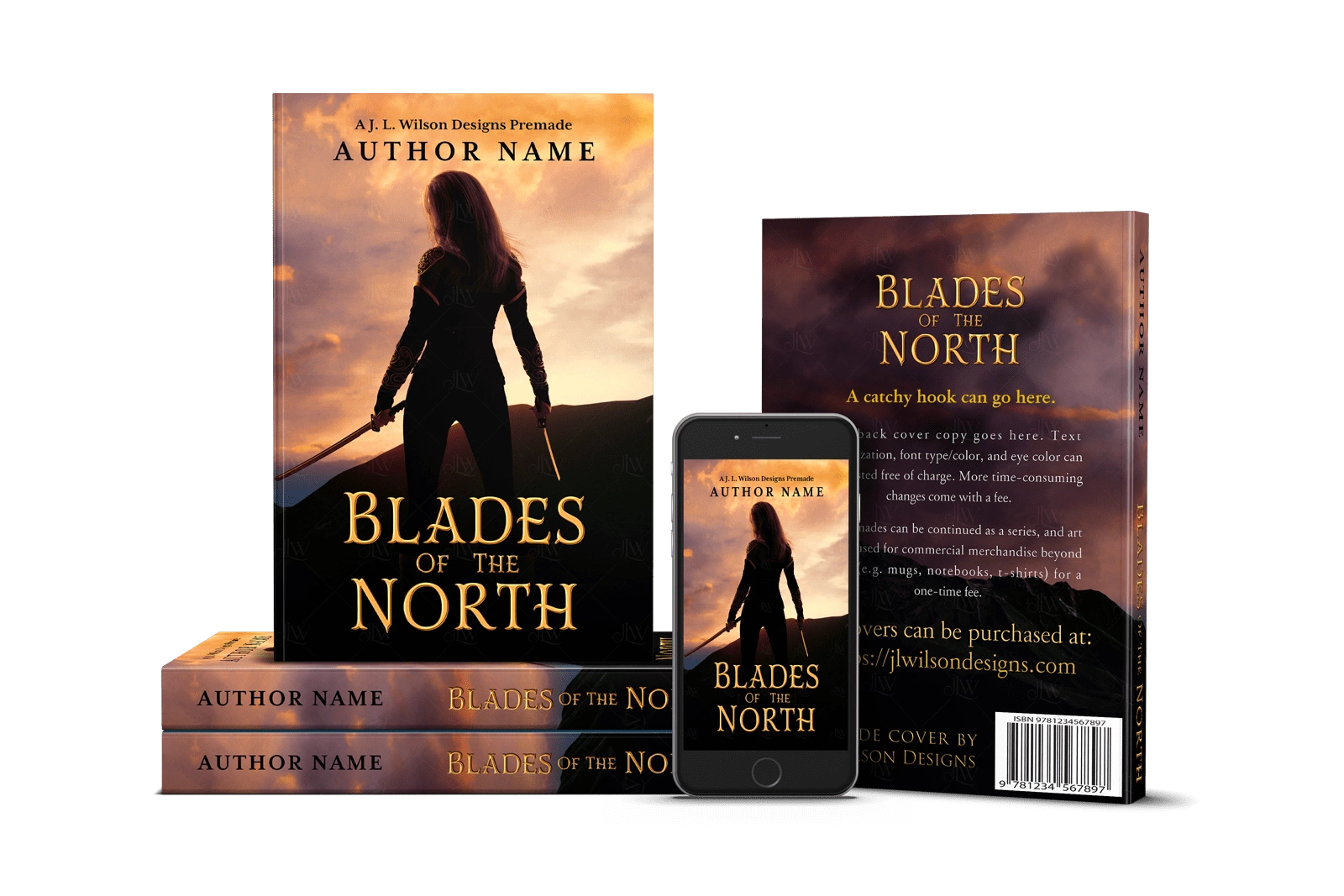 An epic fantasy book cover with a warrior woman holding swords at sunset against a mountain backdrop