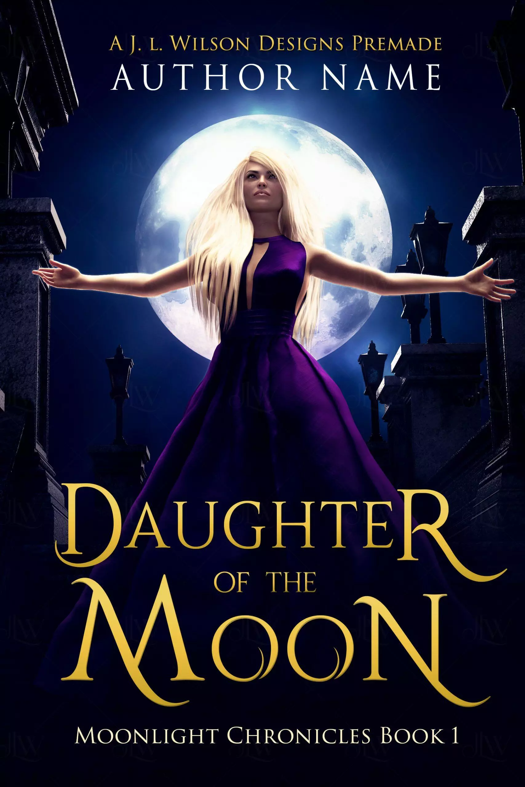 A paranormal fantasy romance book cover with a beautiful blond woman in front of a mausoleum