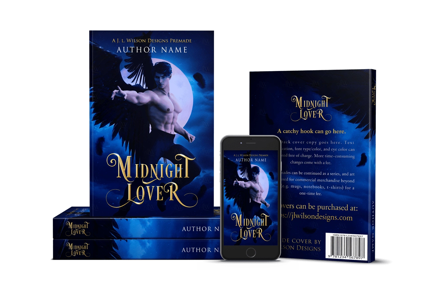 A fantasy romance angel book cover featuring a hot male angel with black wings flying at night