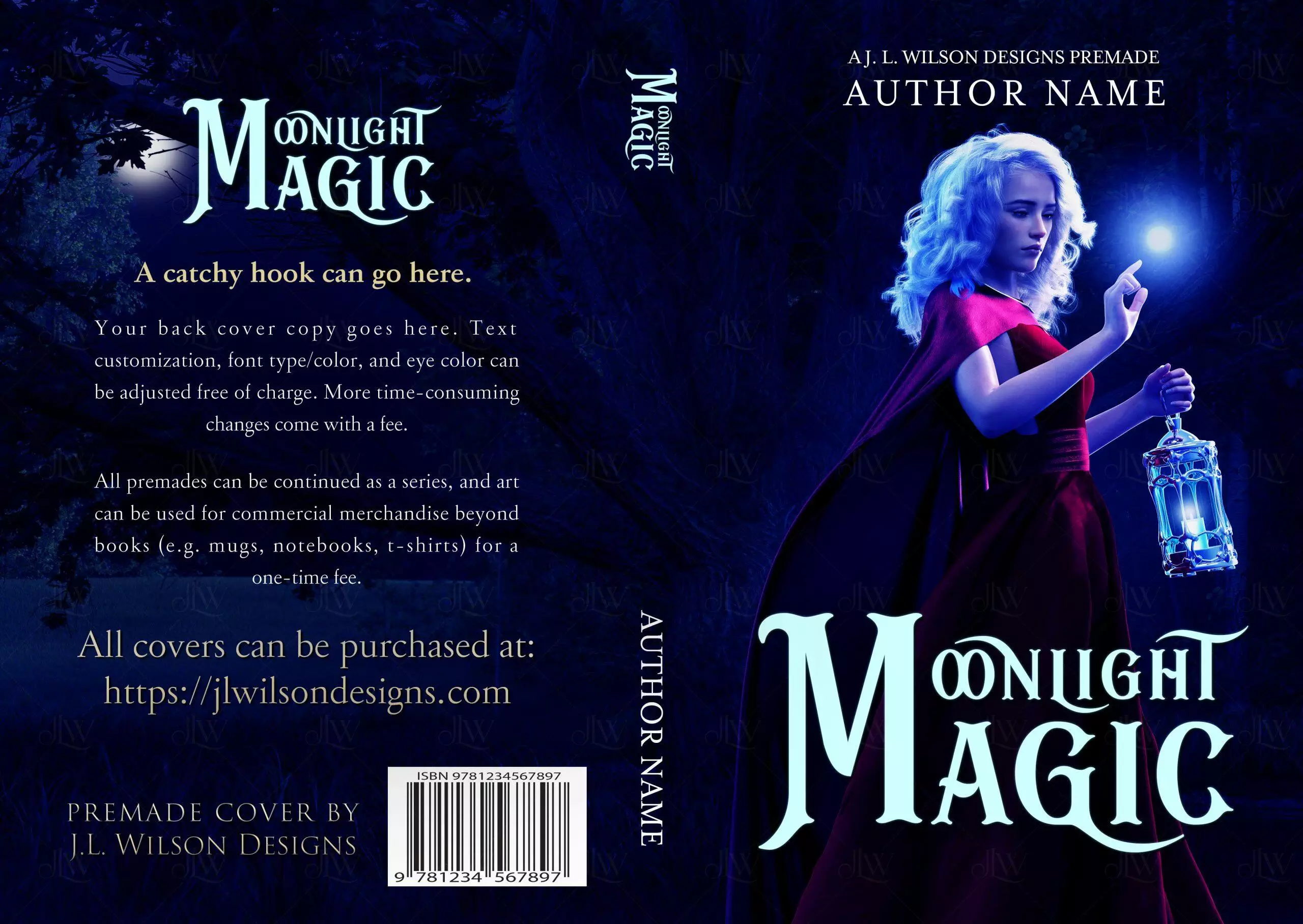 A fantasy book cover with a beautiful woman in a red dress following magic in a magical forest