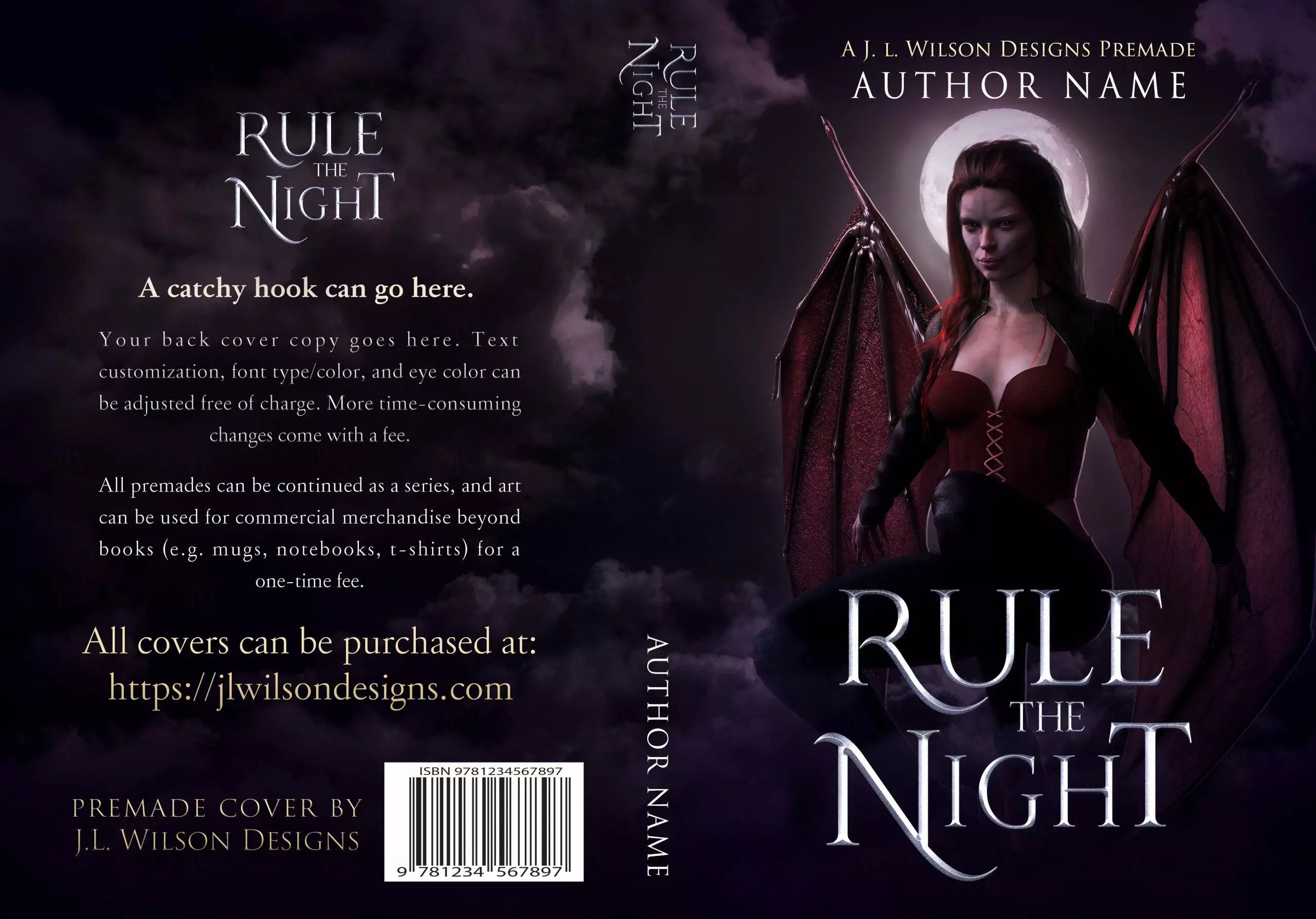 A dark fantasy book cover featuring a seductive demon woman with wings flying at night
