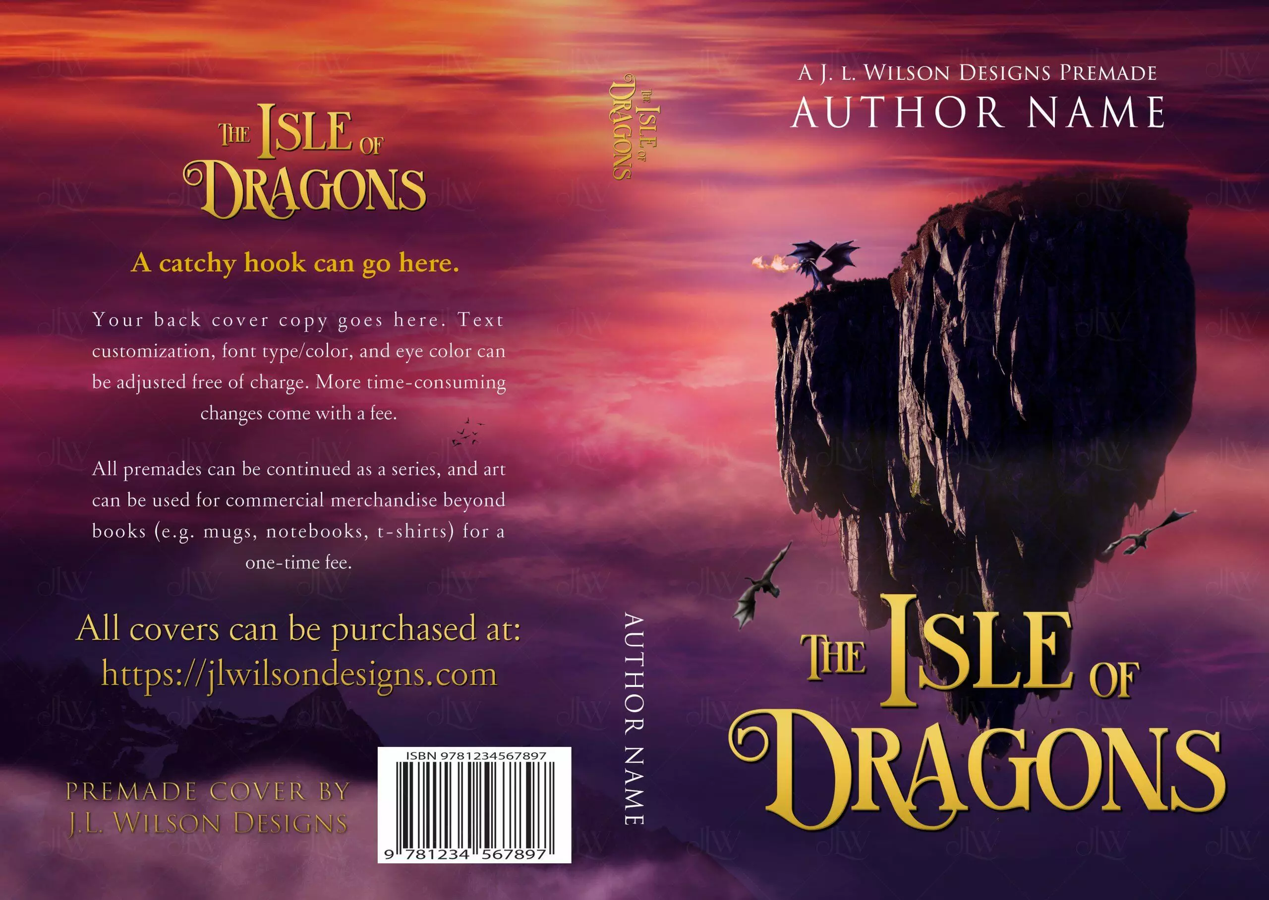 A fantasy book cover with a floating island of dragons against a pink and purple sky