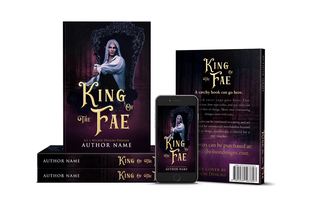 A dark fantasy book cover featuring a hot fae king on a throne in a castle.