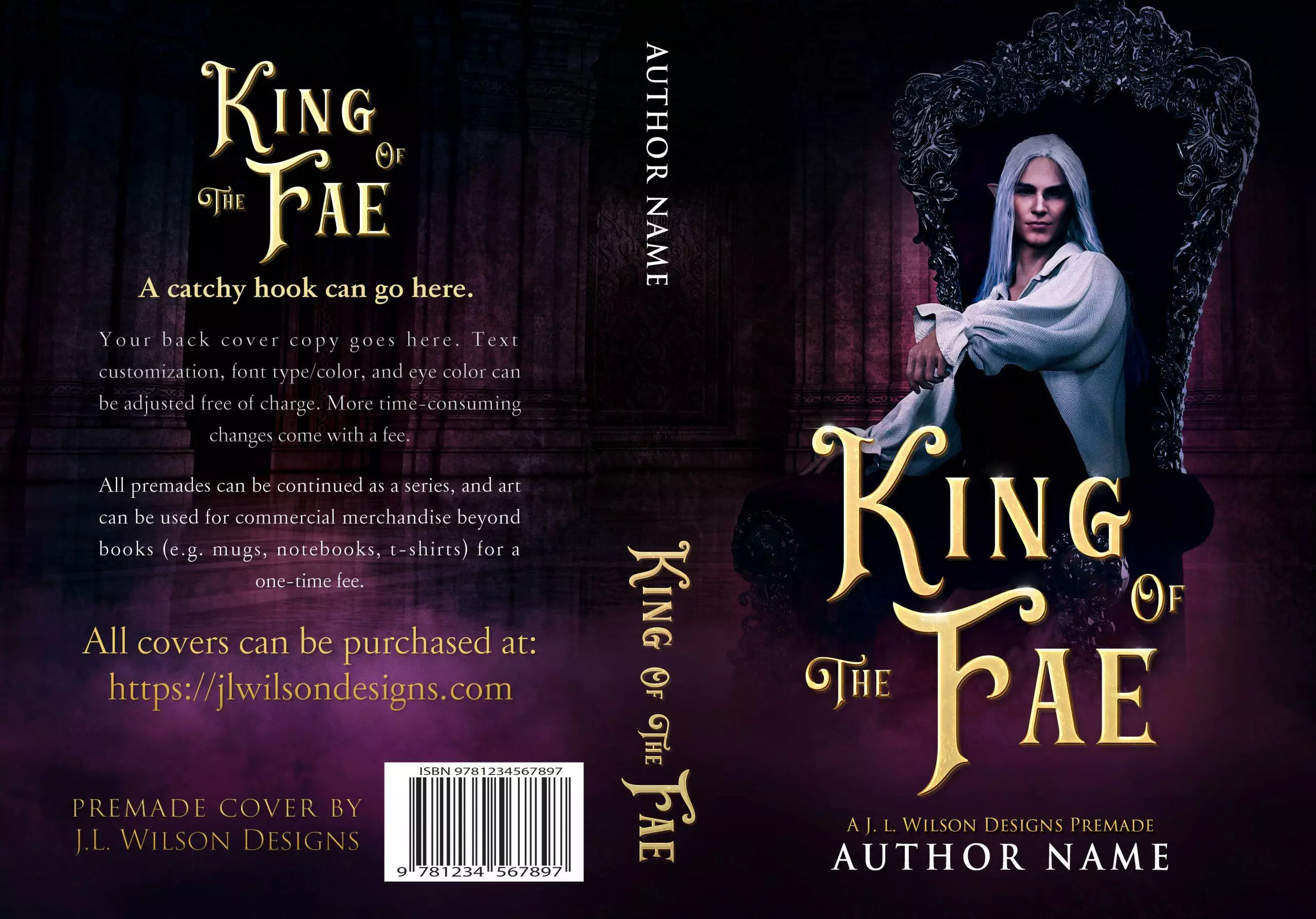 A dark fantasy book cover featuring a hot fae king on a throne in a castle.