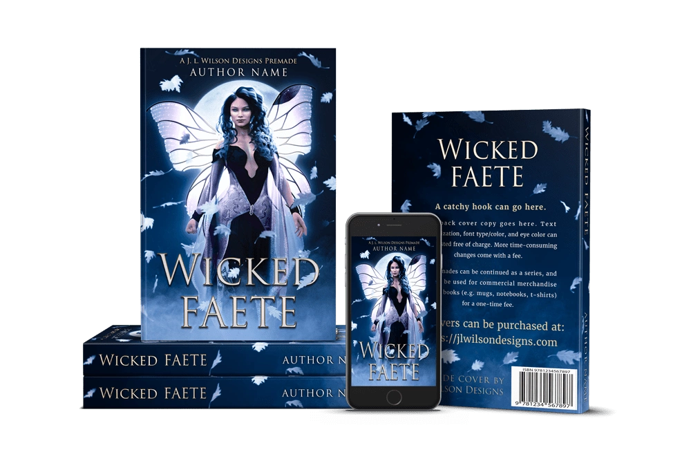 A dark fantasy book cover featuring a beautiful fae woman with fairy wings at night.