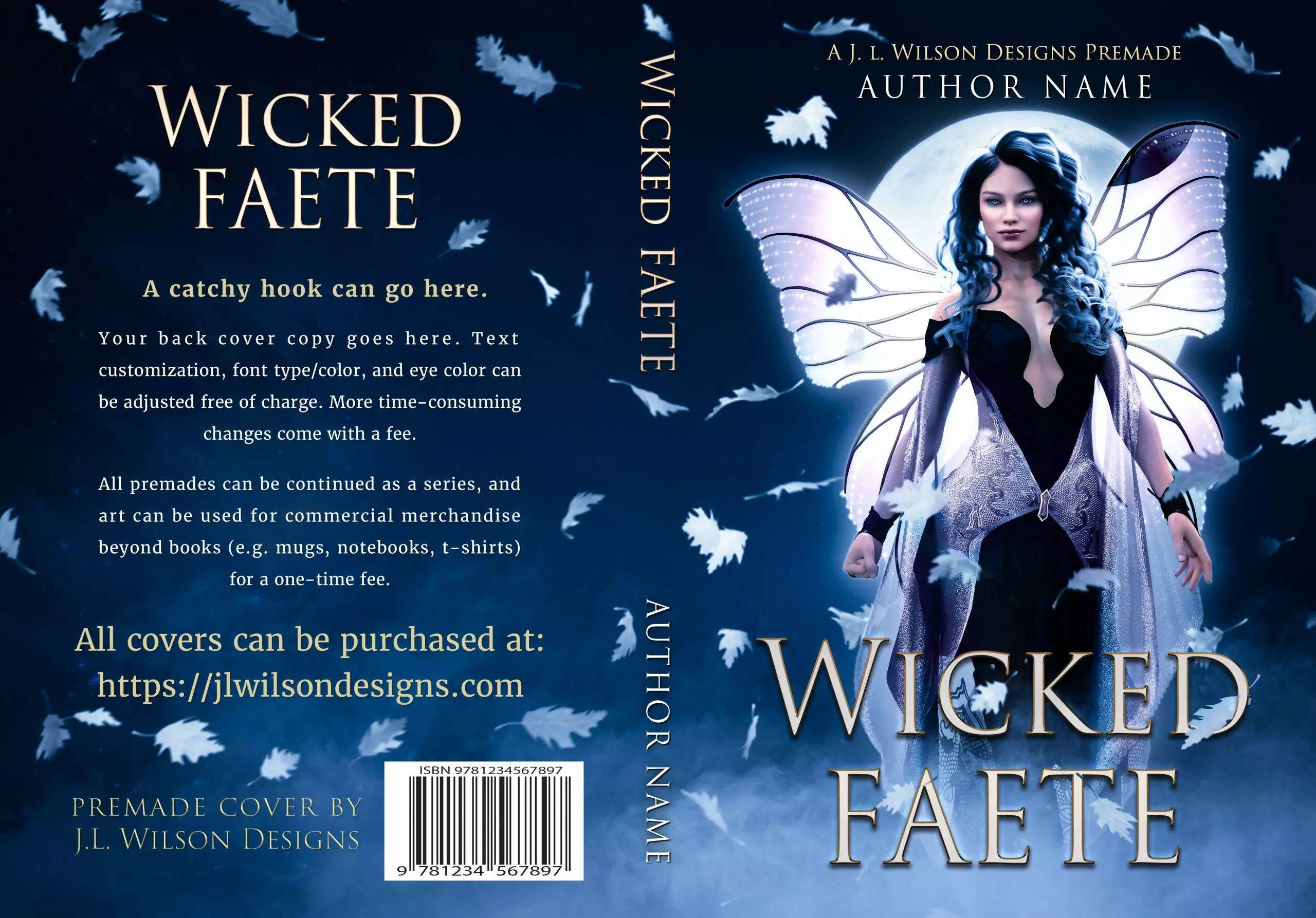 A dark fantasy book cover featuring a beautiful fae woman with fairy wings at night.